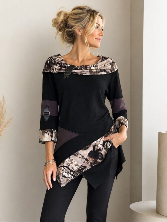 Bali Tops - Bali Mixed Media Asymmetrical Tunic Top Black Abstract Faux Leather Trim M